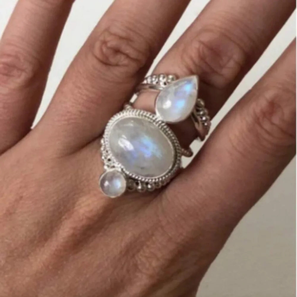 Rainbow Moonstone Boho Chunky Statement Ring Mystic Cottagecore Fairycore Boho